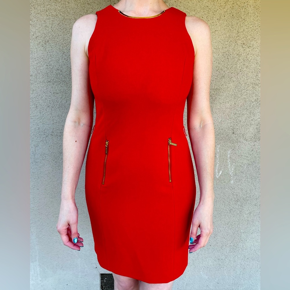 Red Sleeveless Midi Dress - Gold accents